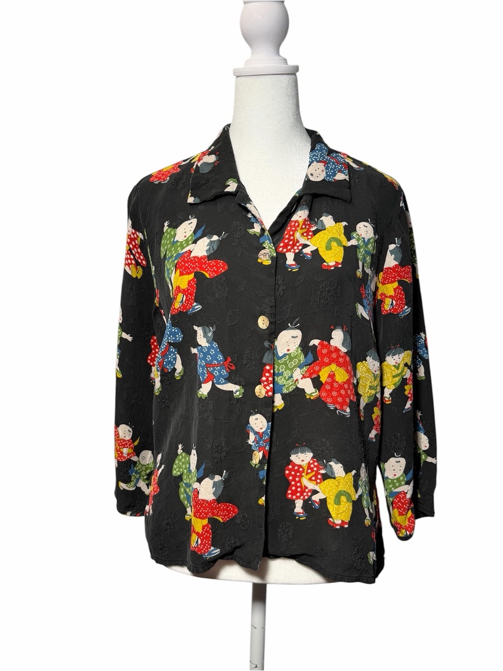 Citron Santa Monica Silk Blouse Kids Playing Novelty Print Black Whimsical Artsy